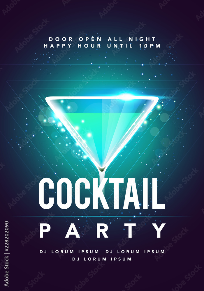 Wall Mural Vector Happy Hour Cocktail Disco Party Poster With Detail Glas And Sparkles