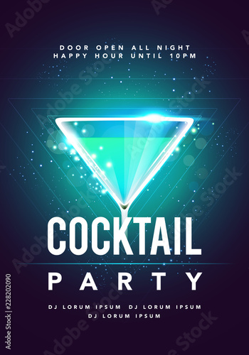 Vector Happy Hour Cocktail Disco Party Poster With Detail Glas And Sparkles. Flyer Event Design Template 