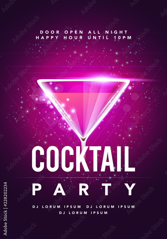 Vector Happy Hour Cocktail Disco Party Poster With Detail Glas And Sparkles. Flyer Event Design Template 