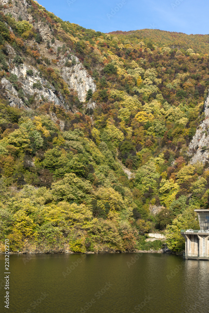 Fototapeta premium Autumn ladscape from dam of The Krichim Reservoir, Rhodopes Mountain, Plovdiv Region, Bulgaria