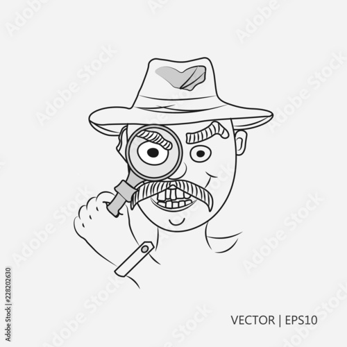 Vector illustration. A detective with magnifying glass. Man with mustache. Sketch. Drawing for children. Flat icon