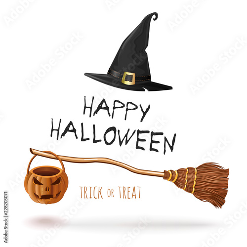 Scary and magic Halloween design with witches broom and hat. Happy halloween and trick or treat lettering for banner, poster and greeting card. Vector illustration
