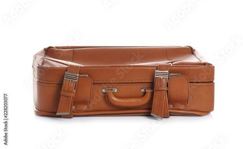 Classic brown suitcase on white background