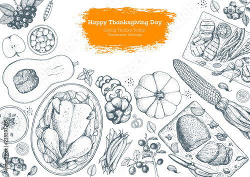 Thanksgiving day top view vector illustration. Food hand drawn sketch. Festive dinner with turkey and potato, corn, grilled vegetables, berries. Autumn food sketch. Engraved image. © DiViArts