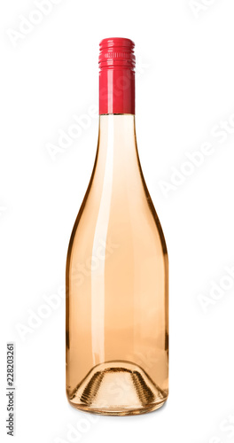 Bottle of pink wine on white background