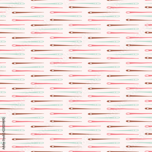 Sewing needles, embroidery seamless pattern. Hand drawn flat style stitching tool vector illustration. For handmade fabric print, trendy background textures, creative craft packaging or hobbies decor.