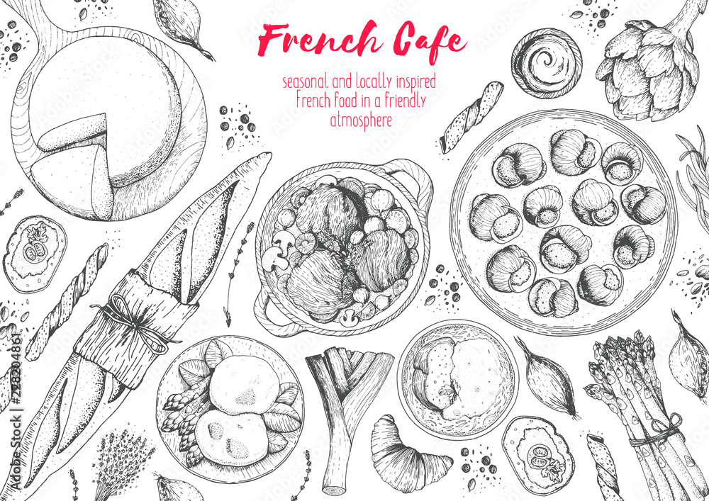 French cuisine top view frame. A set of classic French dishes with bakery, beef bourguignon, escargot, poached eggs, onion soup. Food menu design template. Hand drawn sketch vector illustration. - obrazy, fototapety, plakaty 