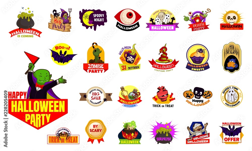 Halloween emblem logo set. Cartoon set of halloween emblem vector logo for web design Halloween emblem logo set. Cartoon set of halloween emblem vector logo for web design