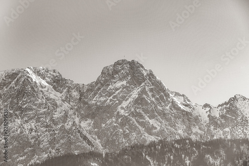 View on winter mountains with forest. Image in black and white color style.