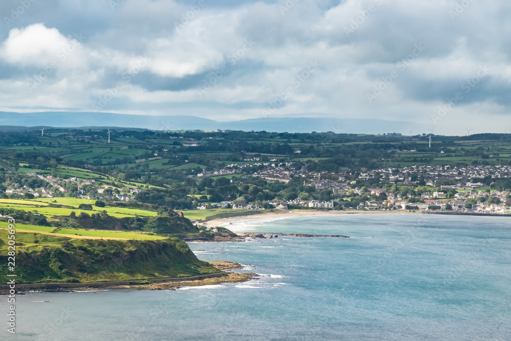 Landscape of city of Ballycastle from Fair head trail in Northern Ireland, United Kingdom