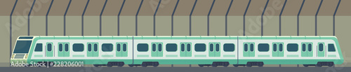 Passanger modern electric high-speed train. Railway subway or metro transport in tunnel. Underground train Vector illustration flat style.