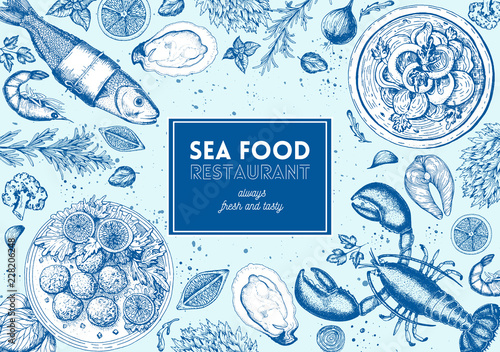 Vintage seafood frame vector illustration. Hand drawn with ink. Cooked seafood dish on the table top view. Hand drawn lobster, perch, oysters and shrimps. Engraved style image