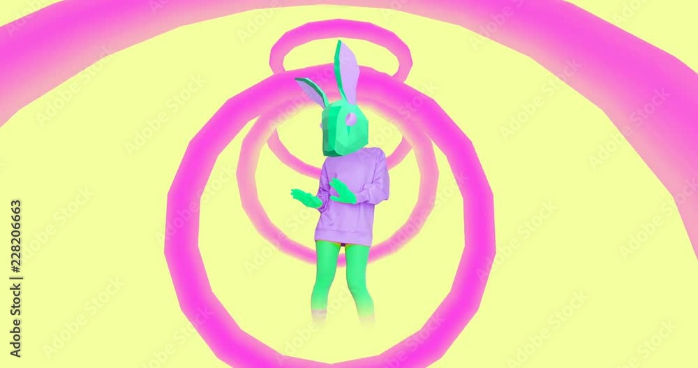 Animation minimal art.  Dancing bunny in geometry vanilla party world. Candy fashion mood