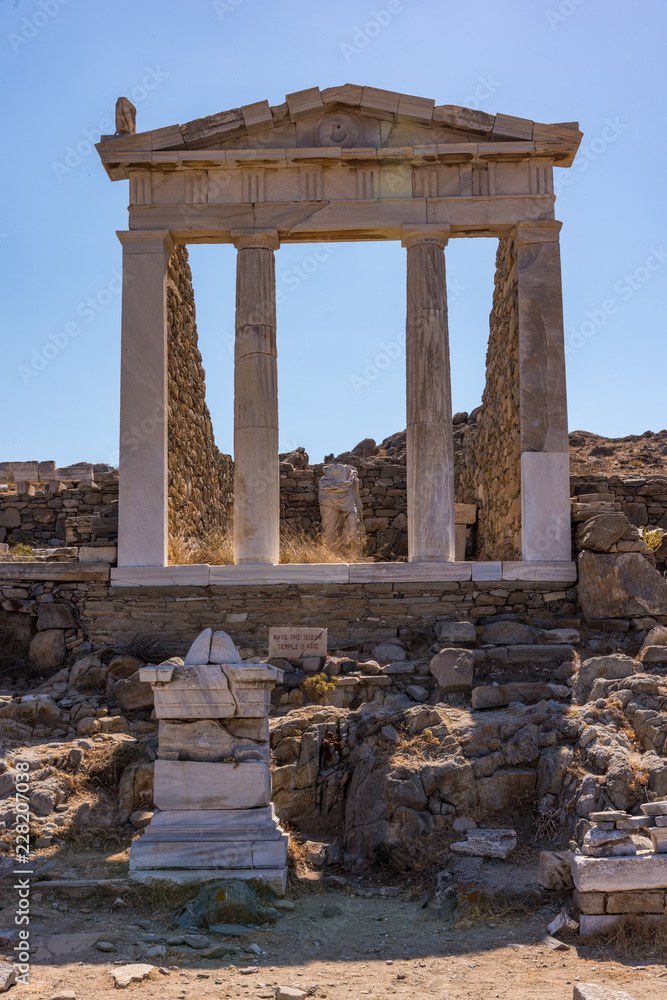 Temple to goddess Hera on island of Naxos with fractured statue still standing at altar