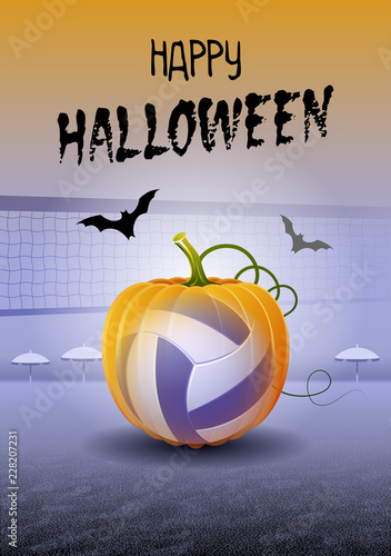 Happy Halloween. Sports greeting card. Realistic beach volleyball ball in the shape of a Pumpkin. Vector illustration.