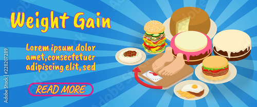 Weight gain concept banner. Isometric banner of lose weight gain comics vector concept for web, giftcard and postcard