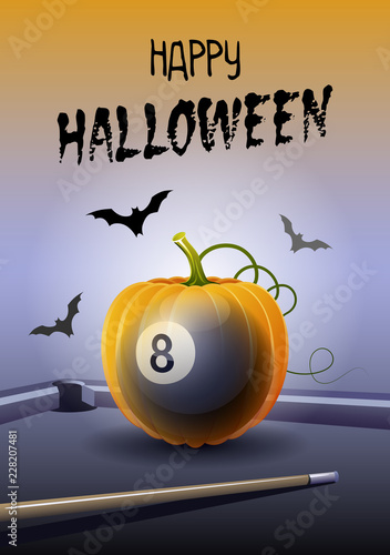 Happy Halloween. Sports greeting card. Realistic billiard ball in the shape of a Pumpkin. Vector illustration.