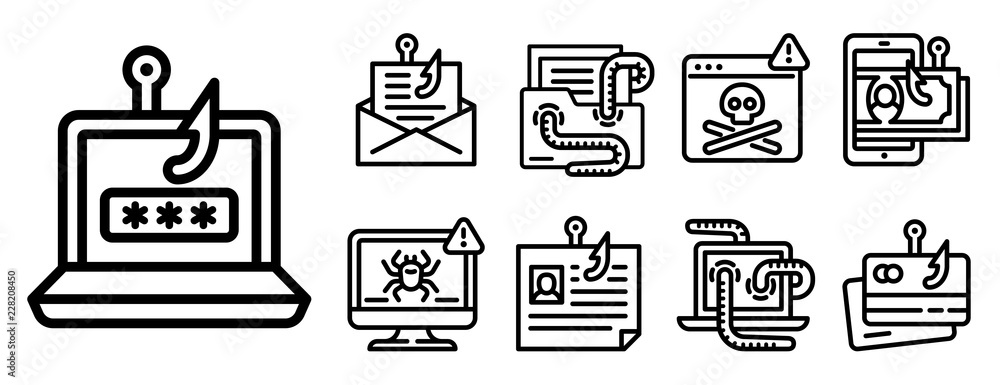 Phishing icon set. Outline set of phishing vector icons for web design isolated on white background Phishing icon set. Outline set of phishing vector icons for web design isolated on white background