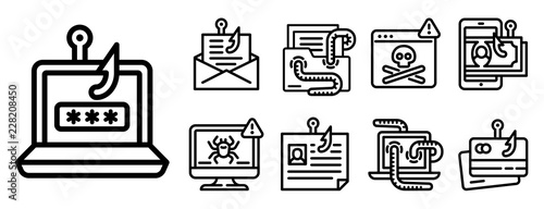 Phishing icon set. Outline set of phishing vector icons for web design isolated on white background
