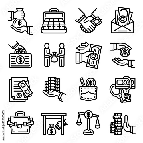 Bribery icon set. Outline set of bribery vector icons for web design isolated on white background