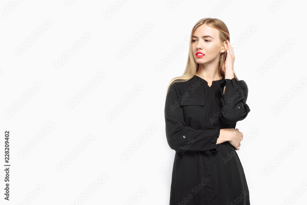Elegant woman in black dress and with red lips, waiting For black Friday on white background Elegant woman in black dress and with red lips, waiting For black Friday on white background