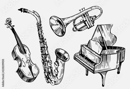 A set of musical instruments: violin, piano, saxophone. Hand drawn sketch converted to vector