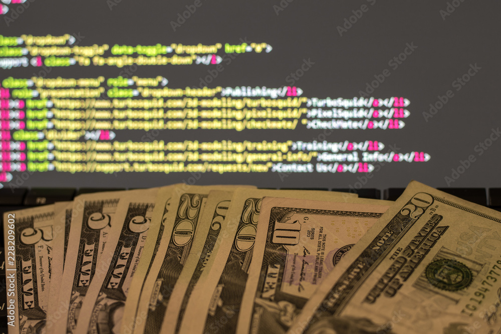 Obraz premium Money on the keyboard and computer display with code on the background