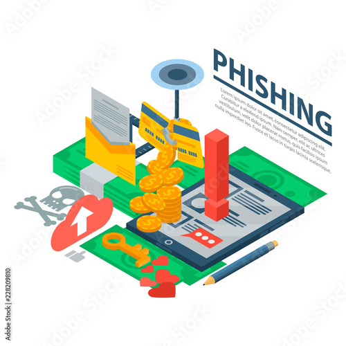 Phishing attack concept background. Isometric illustration of phishing attack vector concept background for web design