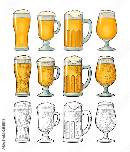 Four different glasses for beer. Vector engraving vintage isolated white