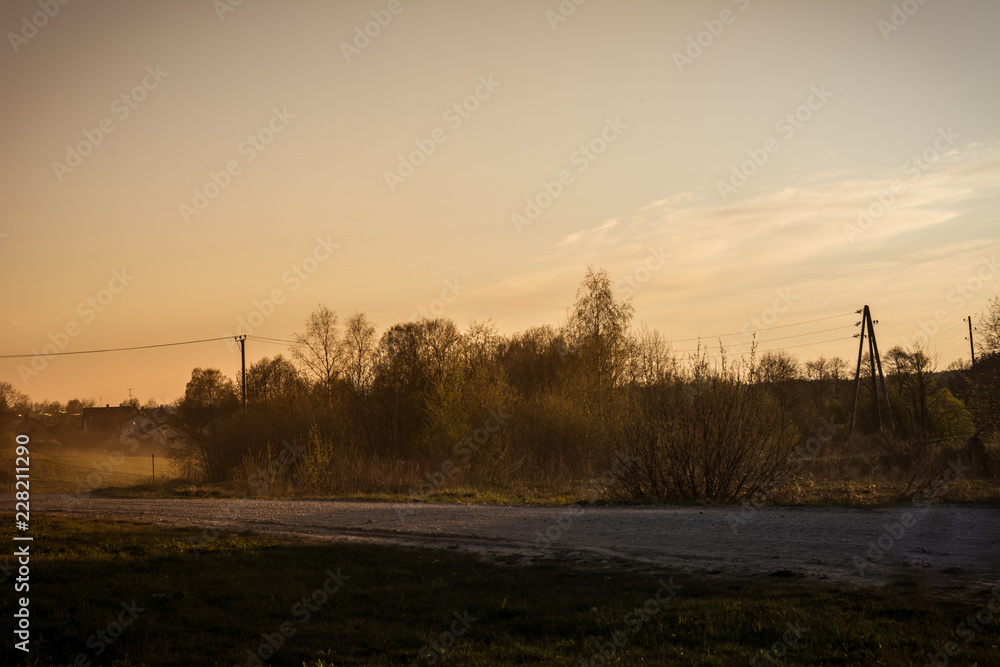 Empty gravel road in countryside with trees in surroundings at sunset. Autumn colors. Clear sky.