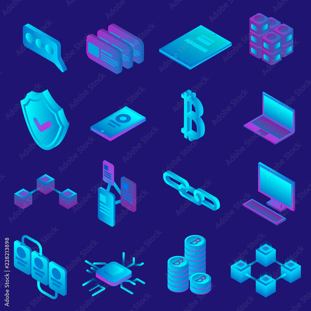 Blockchain icon set. Isometric set of blockchain vector icons for web ...