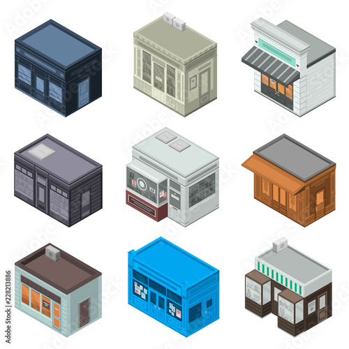 Store facade icon set. Isometric set of store facade vector icons for web design isolated on white background