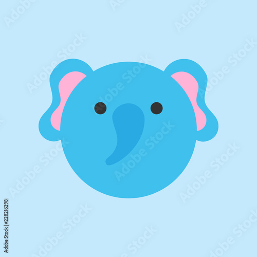 Cute blue elephant round vector graphic icon. Baby elephant animal head  face illustration. Isolated on blue background.