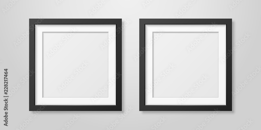 Two Vector Realistic Mofern Interior Black Blank Square Wooden Poster Picture Frame Set Closeup on White Wall Mock-up. Empty Poster Frames Design Template for Mockup, Presentation, Image or text Two Vector Realistic Mofern Interior Black Blank Square Wooden Poster Picture Frame Set Closeup on White Wall Mock-up. Empty Poster Frames Design Template for Mockup, Presentation, Image or text