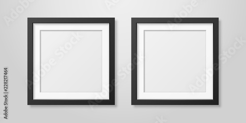 Two Vector Realistic Mofern Interior Black Blank Square Wooden Poster Picture Frame Set Closeup on White Wall Mock-up. Empty Poster Frames Design Template for Mockup, Presentation, Image or text