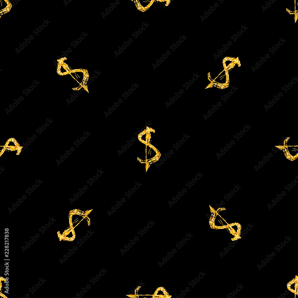 Fototapeta premium Golden dollars seamless pattern background. Template for a business card, banner, poster, notebook, invitation with modern hand drawn grunge calligraphy