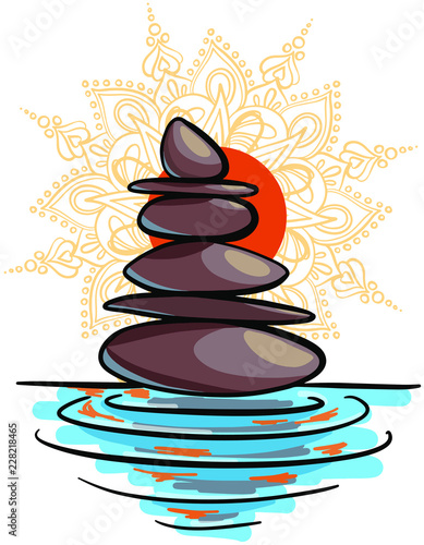 vector illustration of hand drawn cartooon sketch Balance stones on water at sunset with orange sun and mandala.