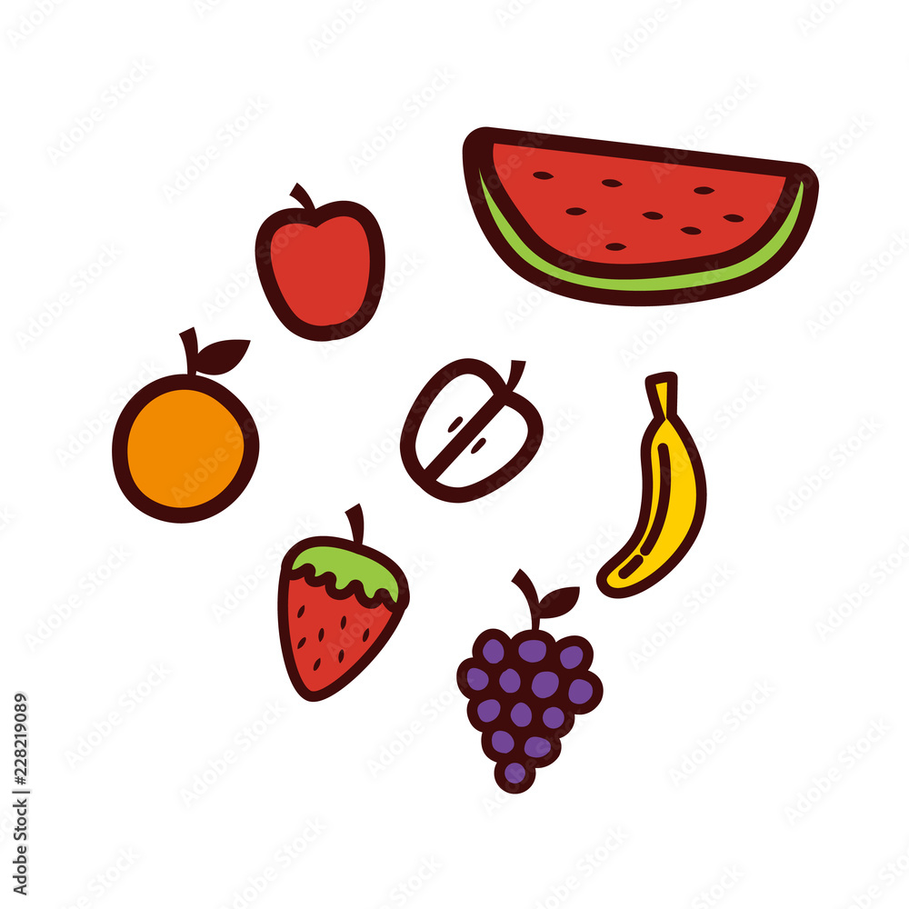 fresh fruits apple orange watermelon strawberry banana grape illustration hand drawing outline style fresh fruits apple orange watermelon strawberry banana grape illustration hand drawing outline style
