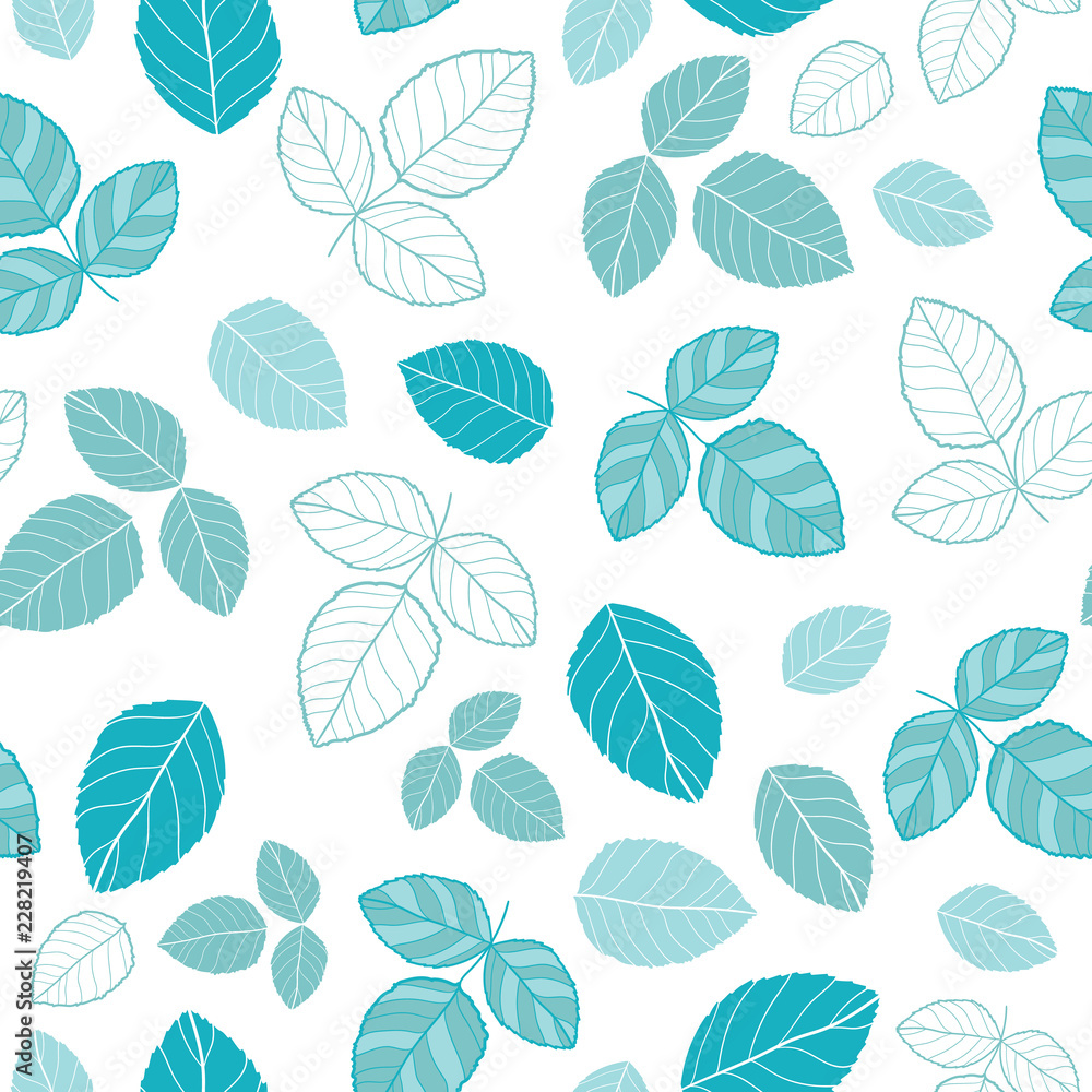 Blue leaves vector repeat pattern. Great for spring and summer wallpaper, backgrounds, invitations, packaging design projects. Surface pattern design.
