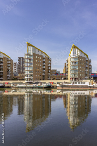 Boats at Limehouse Basin Marina  near Canary wharf riverside  London city  UK