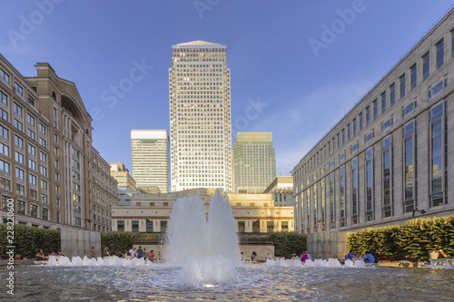 Canary wharf plaza funtain and modern buildings, London, United Kingdom.
