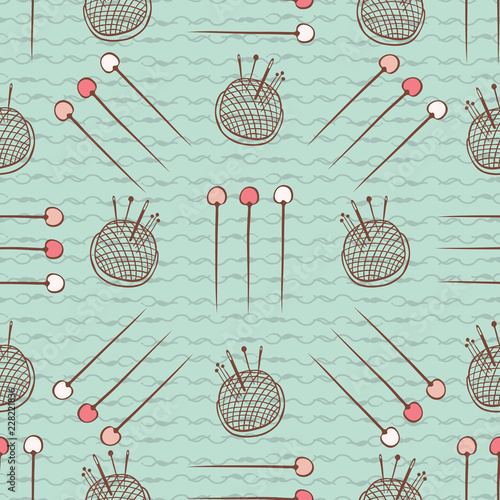 Pin Cushion Needles seamless pattern. Hand drawn flat style sewing supplies vector illustration. For handmade fabric prints, trendy background textures, creative craft packaging or scrapbook  papers.