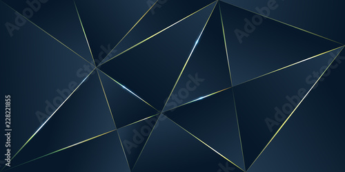Dark blue Premium background with luxury polygonal pattern and gold triangle lines.
