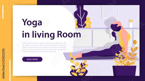 Woman practicing yoga in living room. Modern flat design concept of web page design for website and mobile website development. Vector illustration