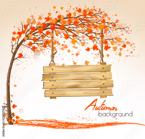 Autumn nature background with a tree and a wooden sign. Vector.