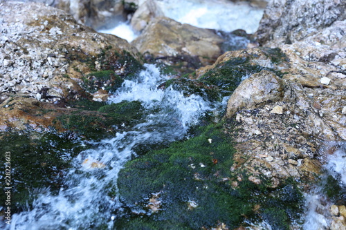 Mountain river water on rocks with green moss
