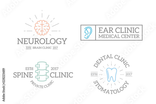 Foto Set of retro vintage organ, dental, brain, backbone logo or insignia, emblems, labels and badges and other branding objects