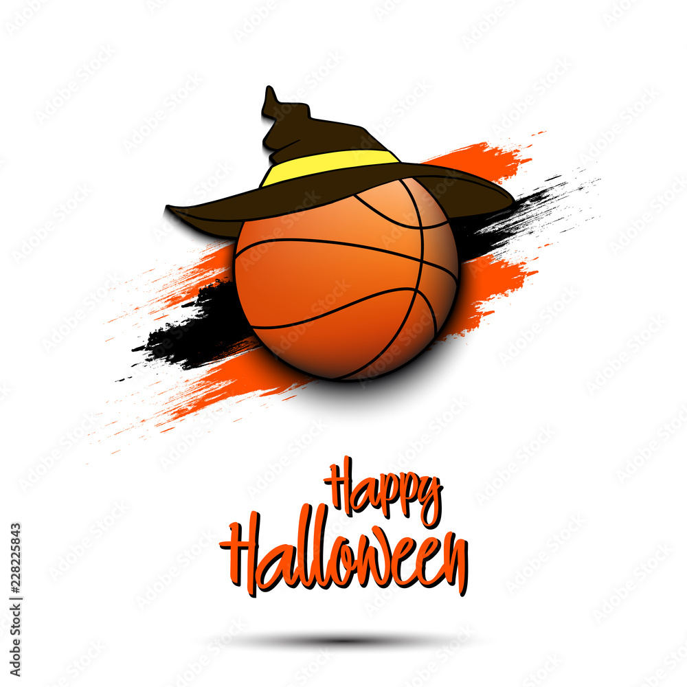 Basketball ball with witch hat and happy Hallowen
