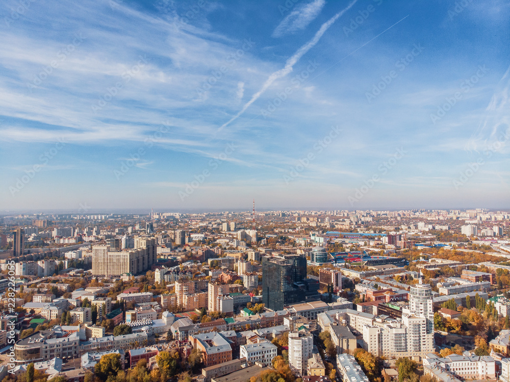 Fototapeta premium Aerial view city panorama of Voronezh, many buildings in downtown from above