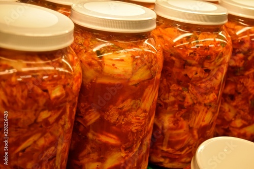 Kim Chi bottles - Korean staple food in abundance. Made of only vegetables, it is a healthy side dish.